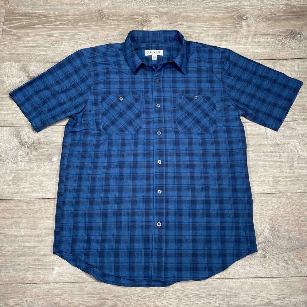 Orvis Shirt Mens Medium Blue Plaid Short Sleeve Button Up Classic Fishing Top